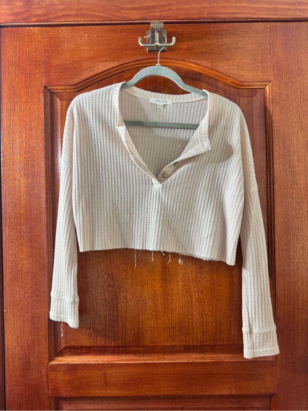 12th Tribe Cropped Waffle Henley Top - beige “boy meets girl”